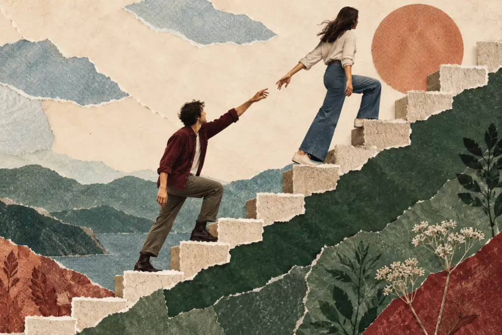 Dos personas tomadas de la mano en diferentes escalones de la escalera de la vida.